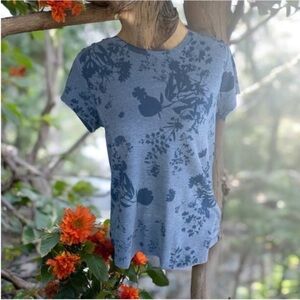 Liz Claiborne Blue Shirt Sleeve Blouse with Dark Blue Floral Detail